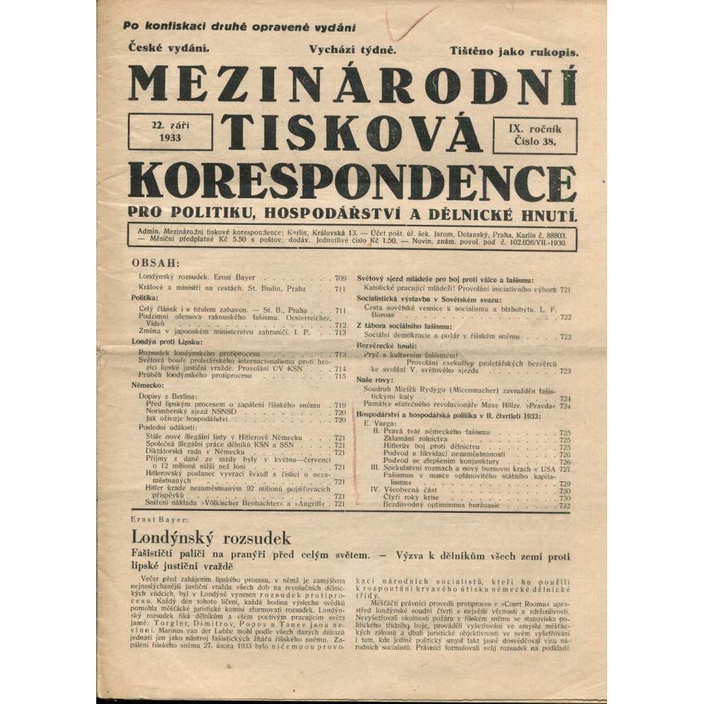 Mezinárodní tisková korespondence pro politiku, hospodářství a dělnické hnutí, ročník IX., číslo 38/1933 (1. republika, časopis, noviny)