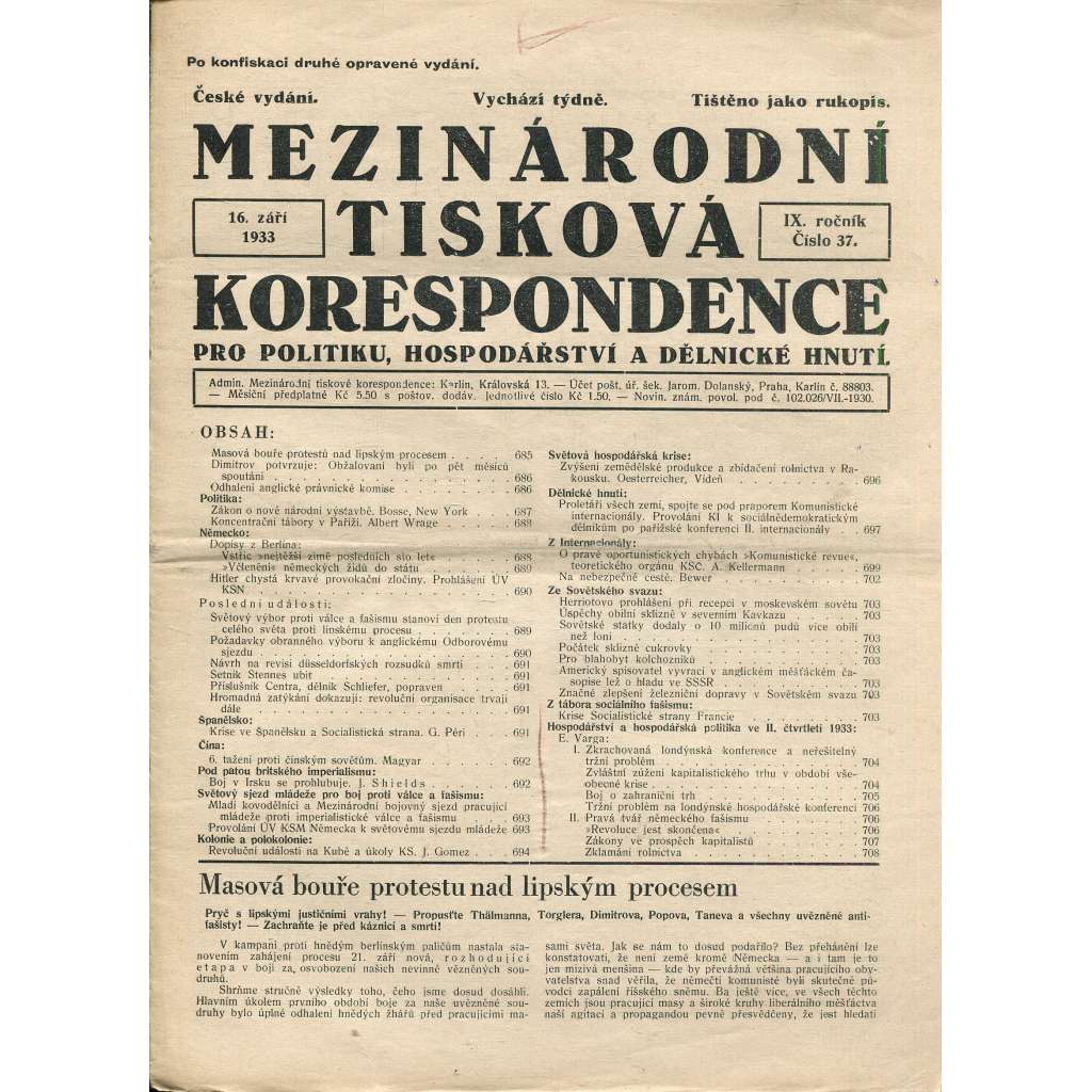 Mezinárodní tisková korespondence pro politiku, hospodářství a dělnické hnutí, ročník IX., číslo 37/1933 (1. republika, časopis, noviny)