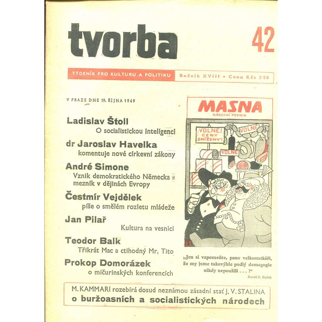 Tvorba – Týdeník pro kulturu a politiku, ročník XVIII., číslo 42/1949 (časopis, noviny)
