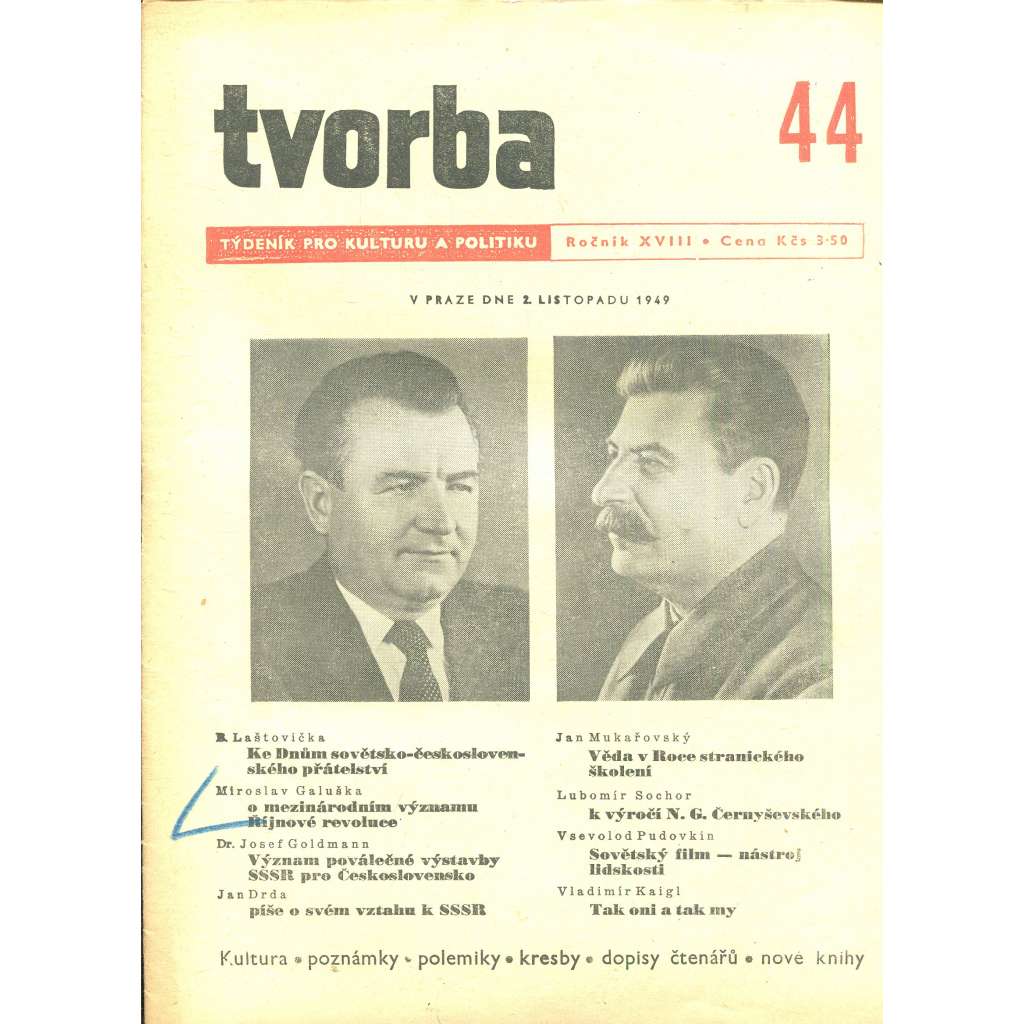 Tvorba – Týdeník pro kulturu a politiku, ročník XVIII., číslo 44/1949 (časopis, noviny)