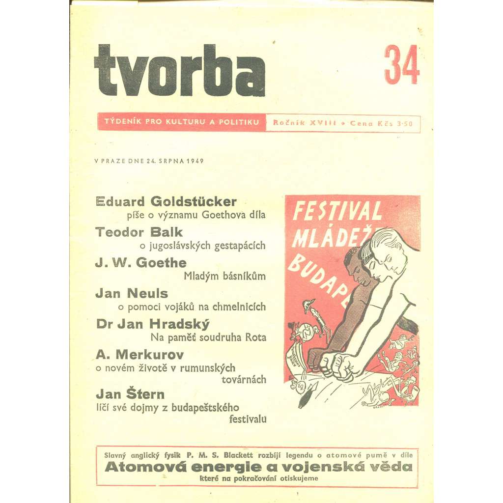 Tvorba – Týdeník pro kulturu a politiku, ročník XVIII., číslo 34/1949 (časopis, noviny)