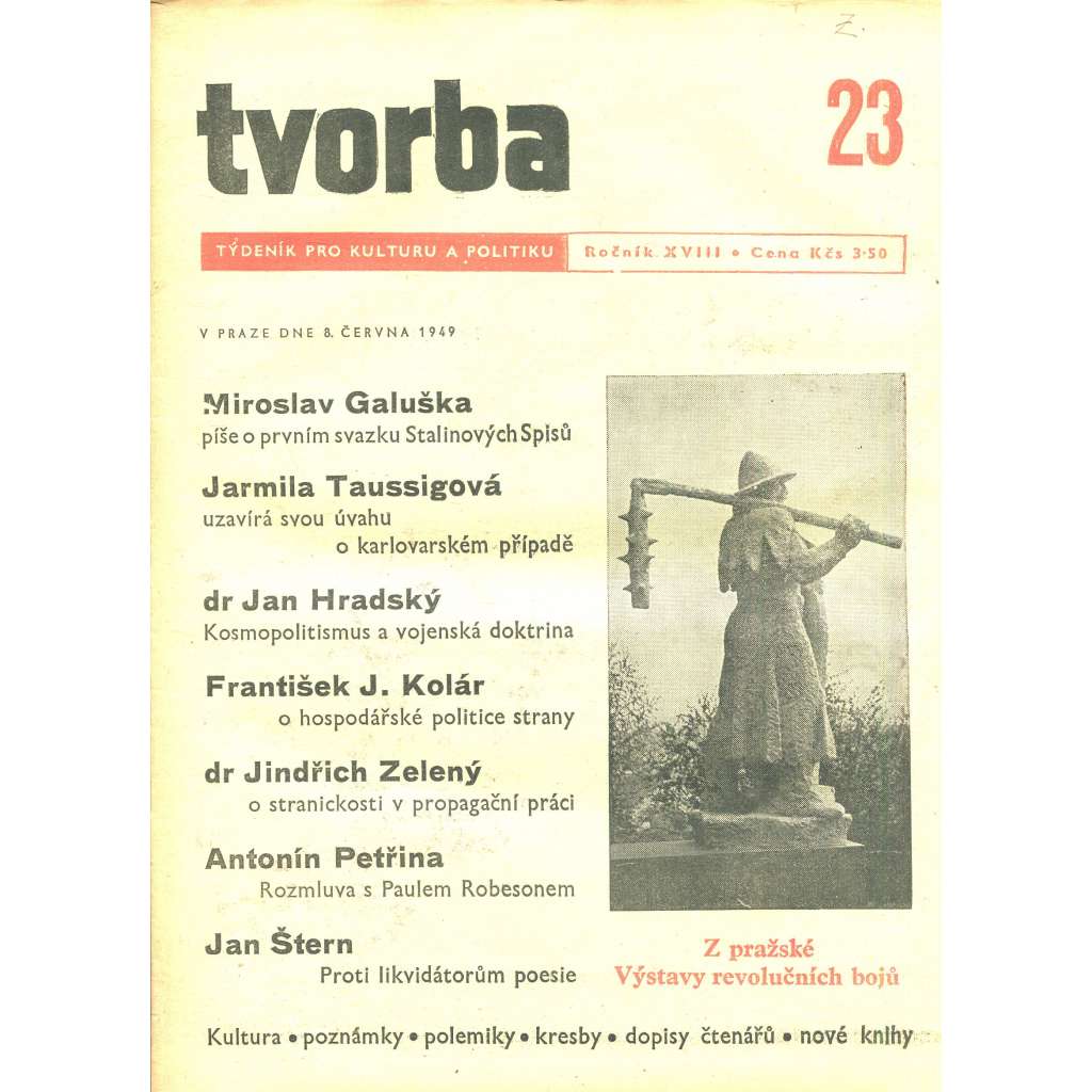 Tvorba – Týdeník pro kulturu a politiku, ročník XVIII., číslo 23/1949 (časopis, noviny)