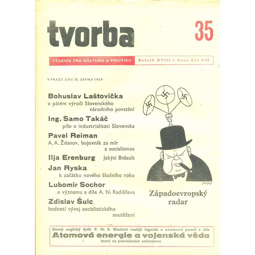 Tvorba – Týdeník pro kulturu a politiku, ročník XVIII., číslo 35/1949 (časopis, noviny)