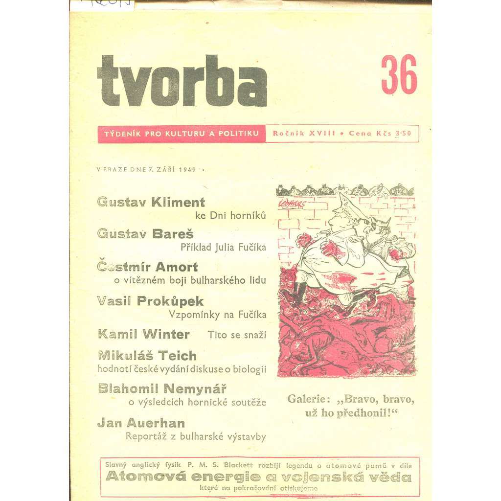 Tvorba – Týdeník pro kulturu a politiku, ročník XVIII., číslo 36/1949 (časopis, noviny)