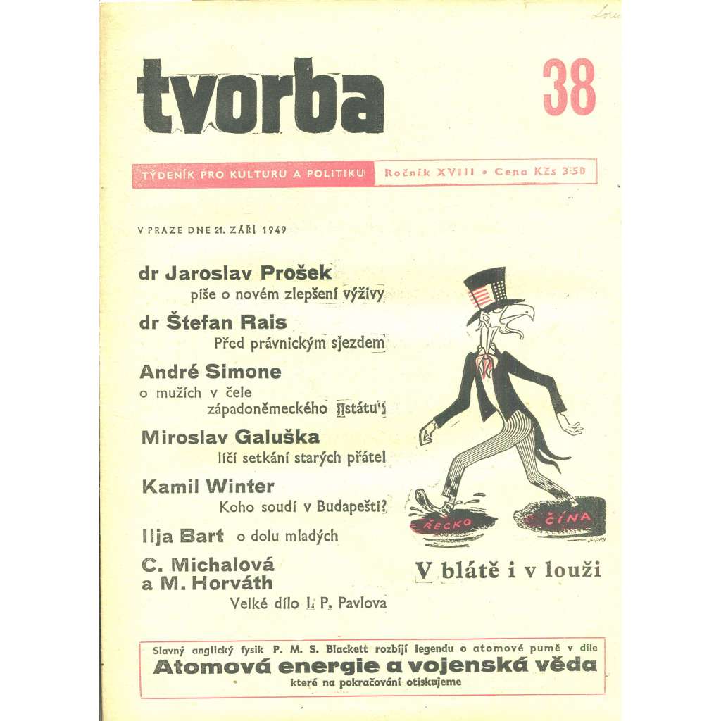 Tvorba – Týdeník pro kulturu a politiku, ročník XVIII., číslo 38/1949 (časopis, noviny)