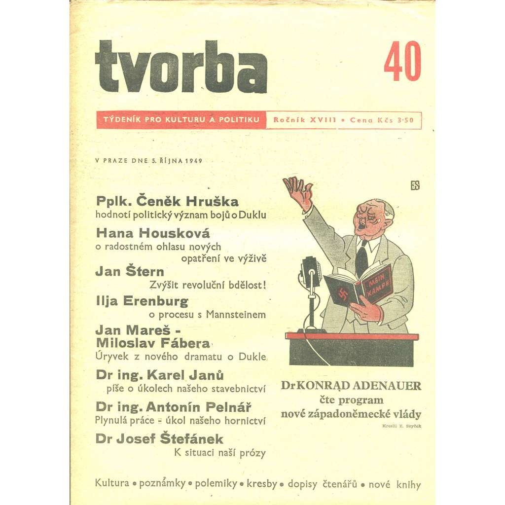 Tvorba – Týdeník pro kulturu a politiku, ročník XVIII., číslo 40/1949 (časopis, noviny)