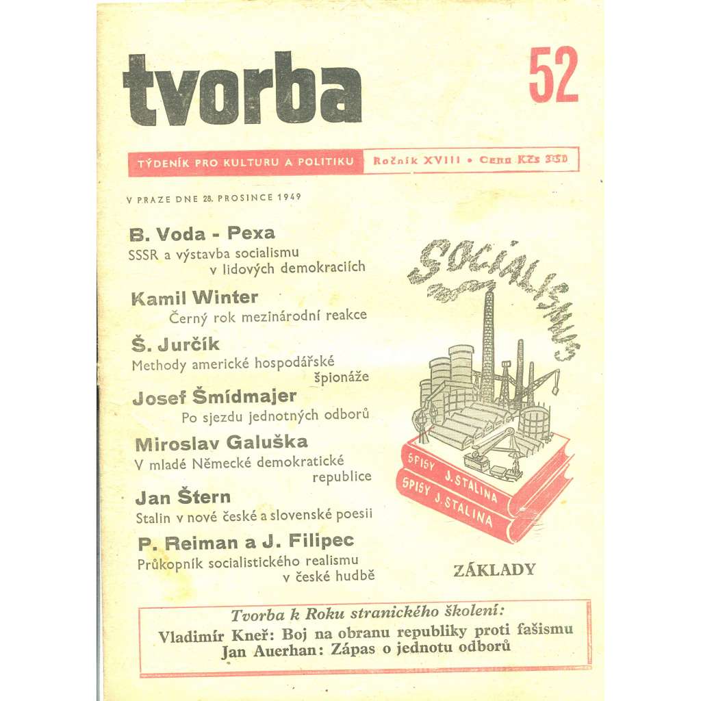 Tvorba – Týdeník pro kulturu a politiku, ročník XVIII., číslo 52/1949 (časopis, noviny)