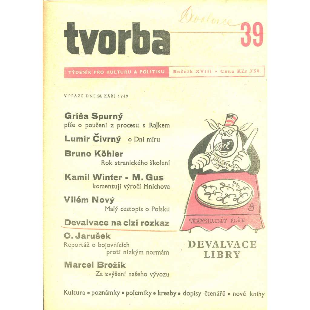 Tvorba – Týdeník pro kulturu a politiku, ročník XVIII., číslo 39/1949 (časopis, noviny)