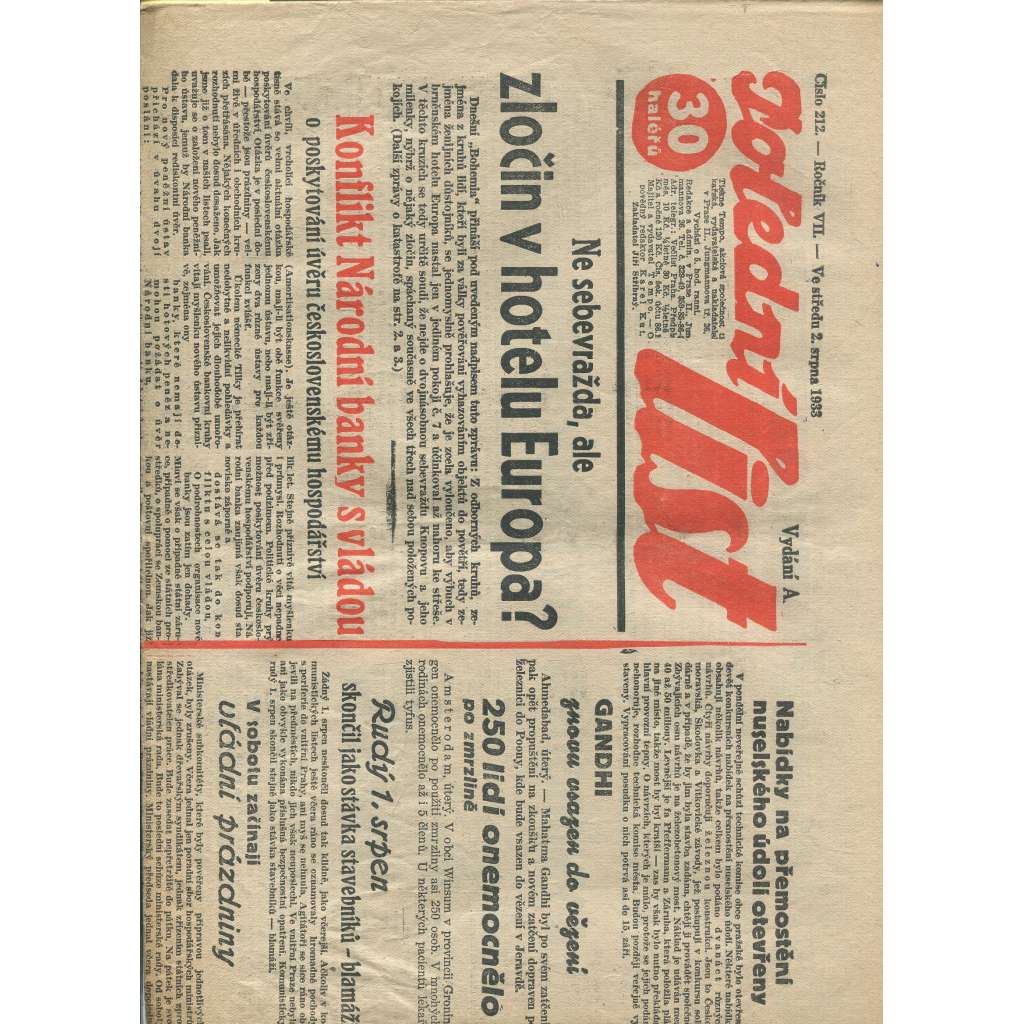 Polední list, ročník VII., číslo 212/1933 (1. republika, noviny)