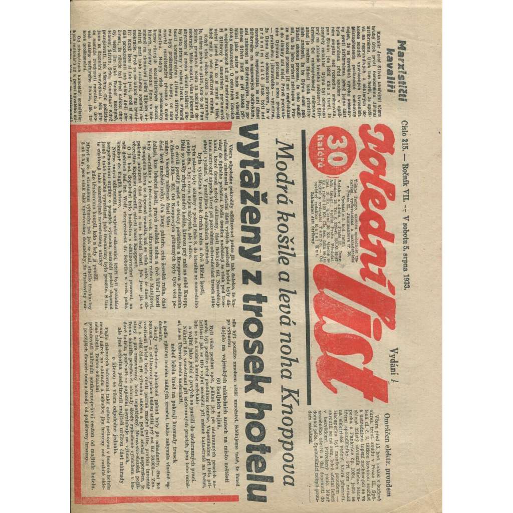Polední list, ročník VII., číslo 215/1933 (1. republika, noviny)