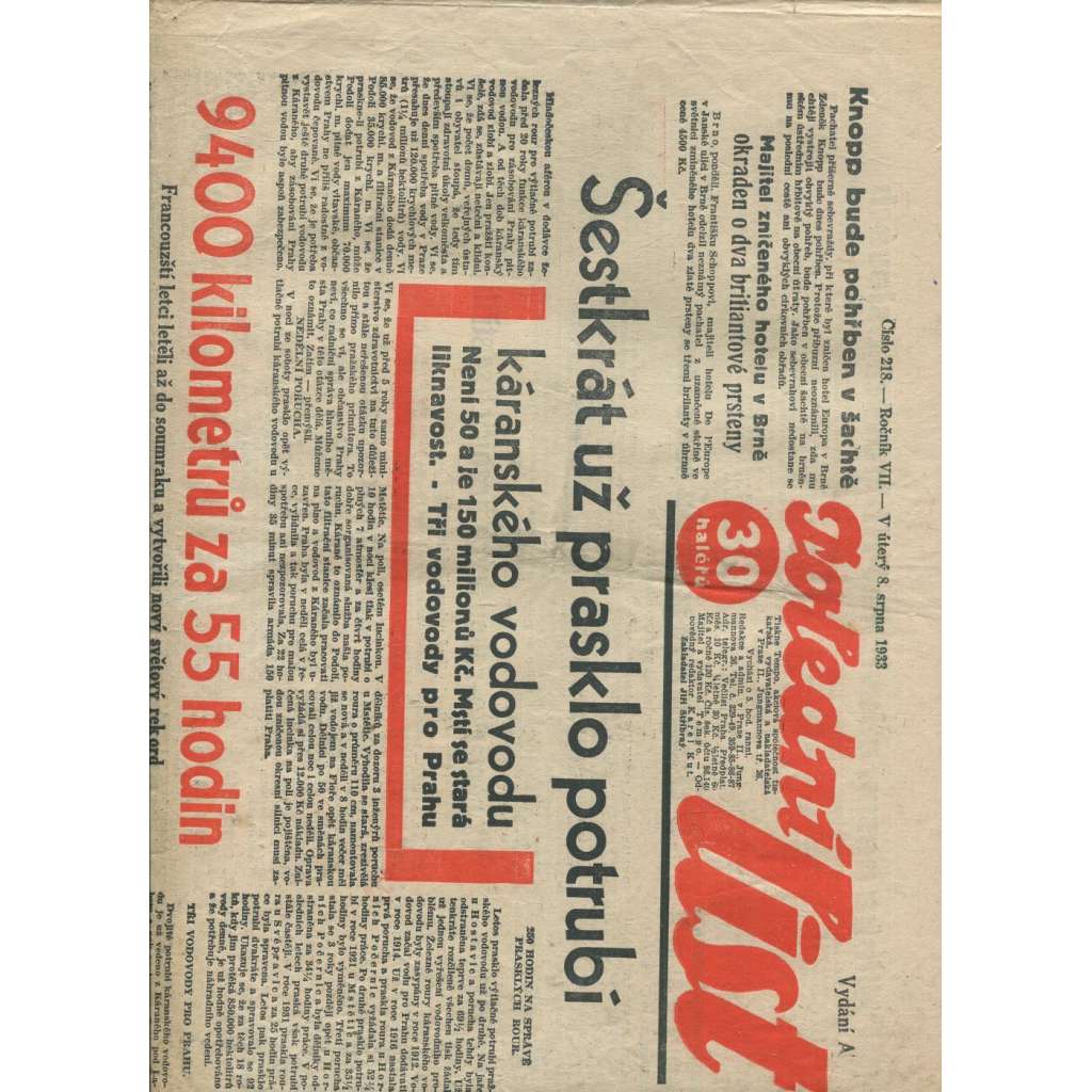 Polední list, ročník VII., číslo 218/1933 (1. republika, noviny)
