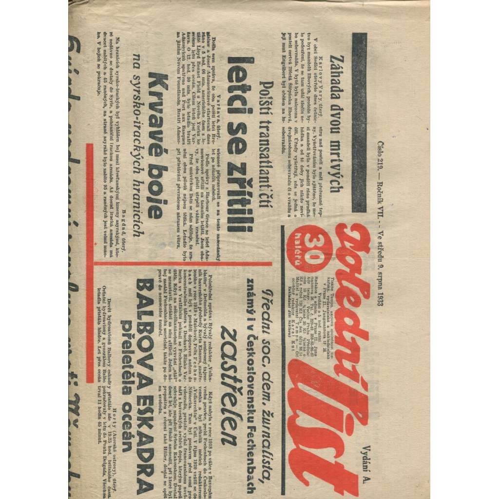 Polední list, ročník VII., číslo 219/1933 (1. republika, noviny)