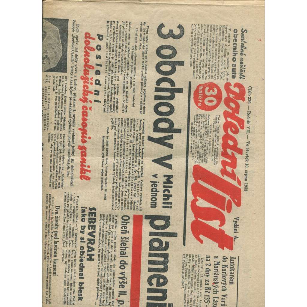 Polední list, ročník VII., číslo 220/1933 (1. republika, noviny)