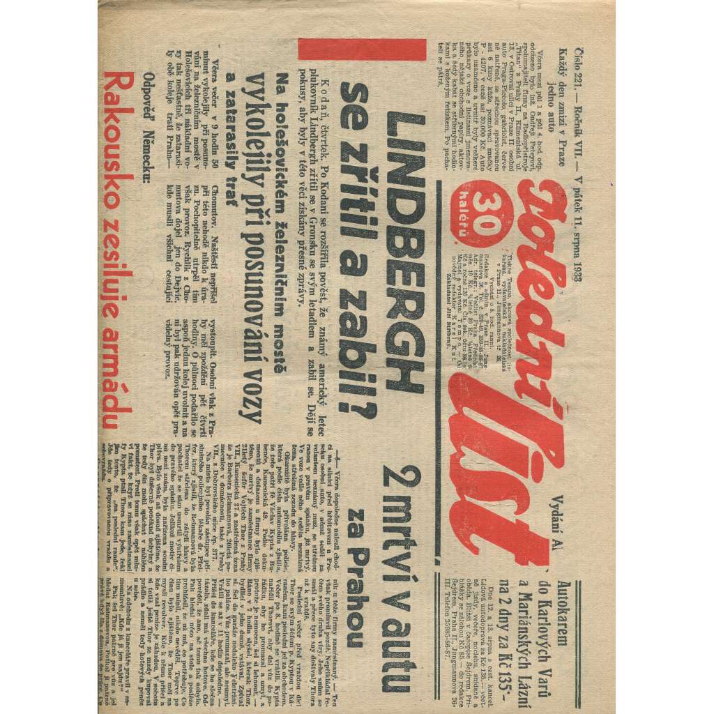 Polední list, ročník VII., číslo 221/1933 (1. republika, noviny)
