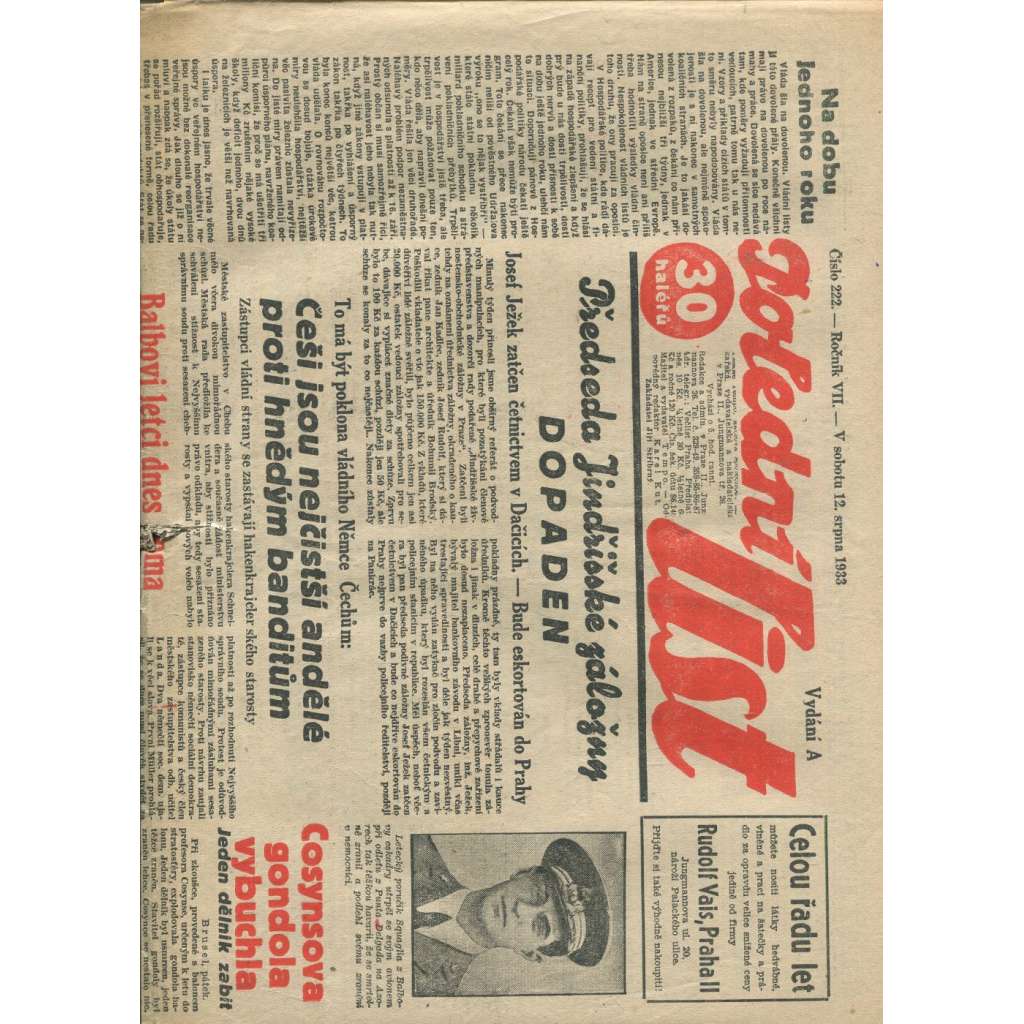Polední list, ročník VII., číslo 222/1933 (1. republika, noviny)