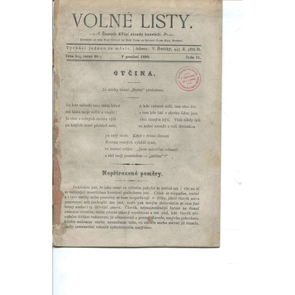 Volné listy, číslo 11/1890. Časopis šířící zásady bezvládí (anarchismus, exil, noviny, časopis, USA)