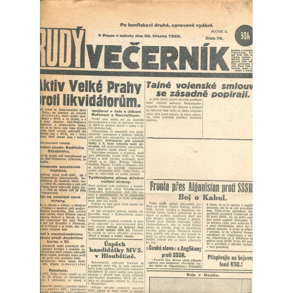 Rudý večerník (30.3.1929) - staré noviny, 1. republika