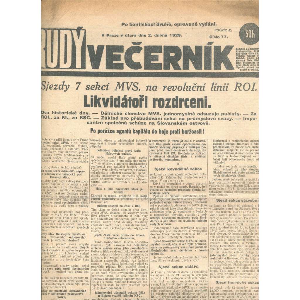 Rudý večerník (2.4.1929) - staré noviny, 1. republika