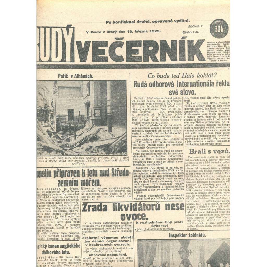 Rudý večerník (19.3.1929) - staré noviny, 1. republika