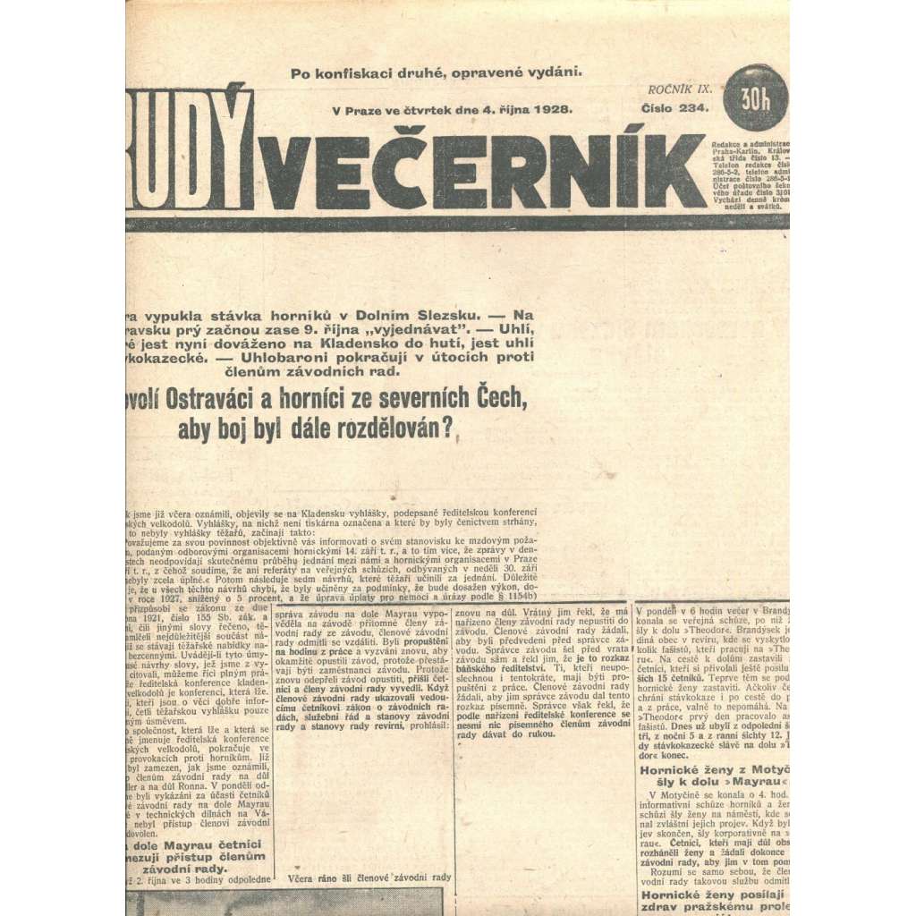 Rudý večerník (4.10.1928) - staré noviny, 1. republika