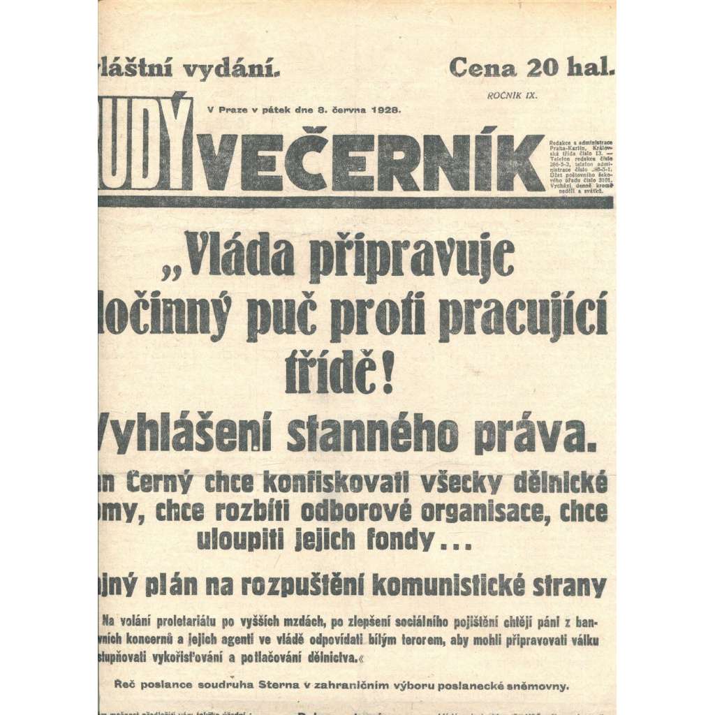 Rudý večerník (8.6.1928) – zvláštní vydání (staré noviny, 1. republika)
