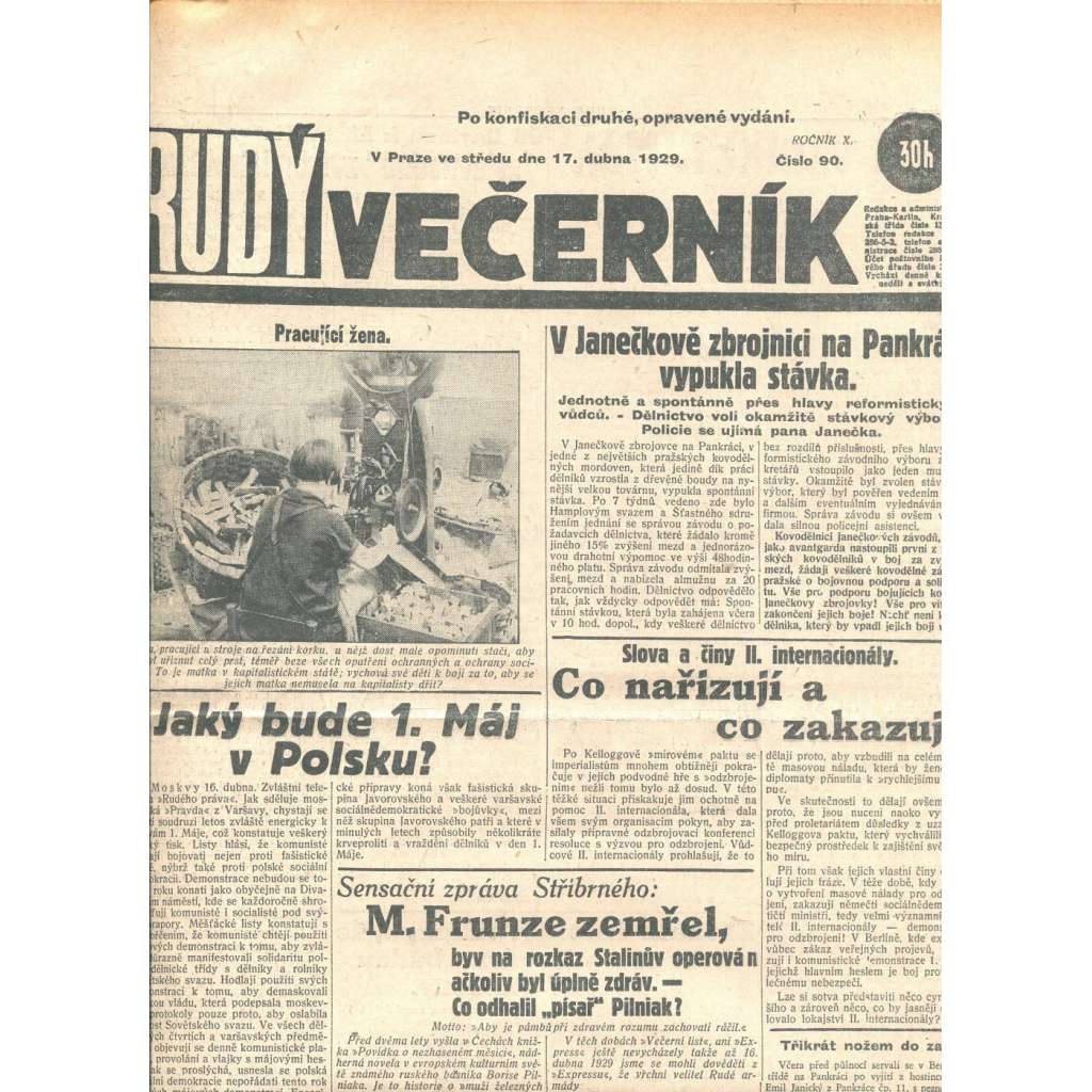 Rudý večerník (17.4.1929) - staré noviny, 1. republika