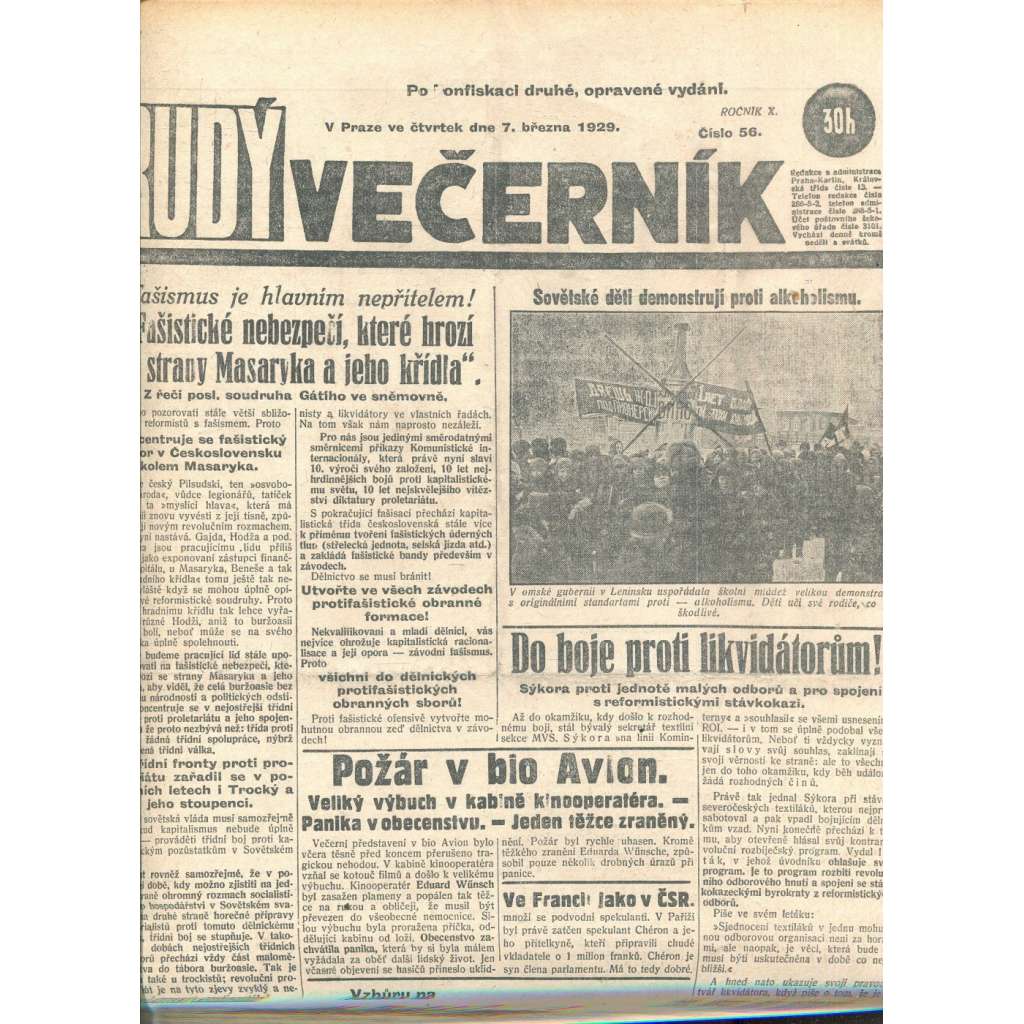 Rudý večerník (7.3.1929) - staré noviny, 1. republika
