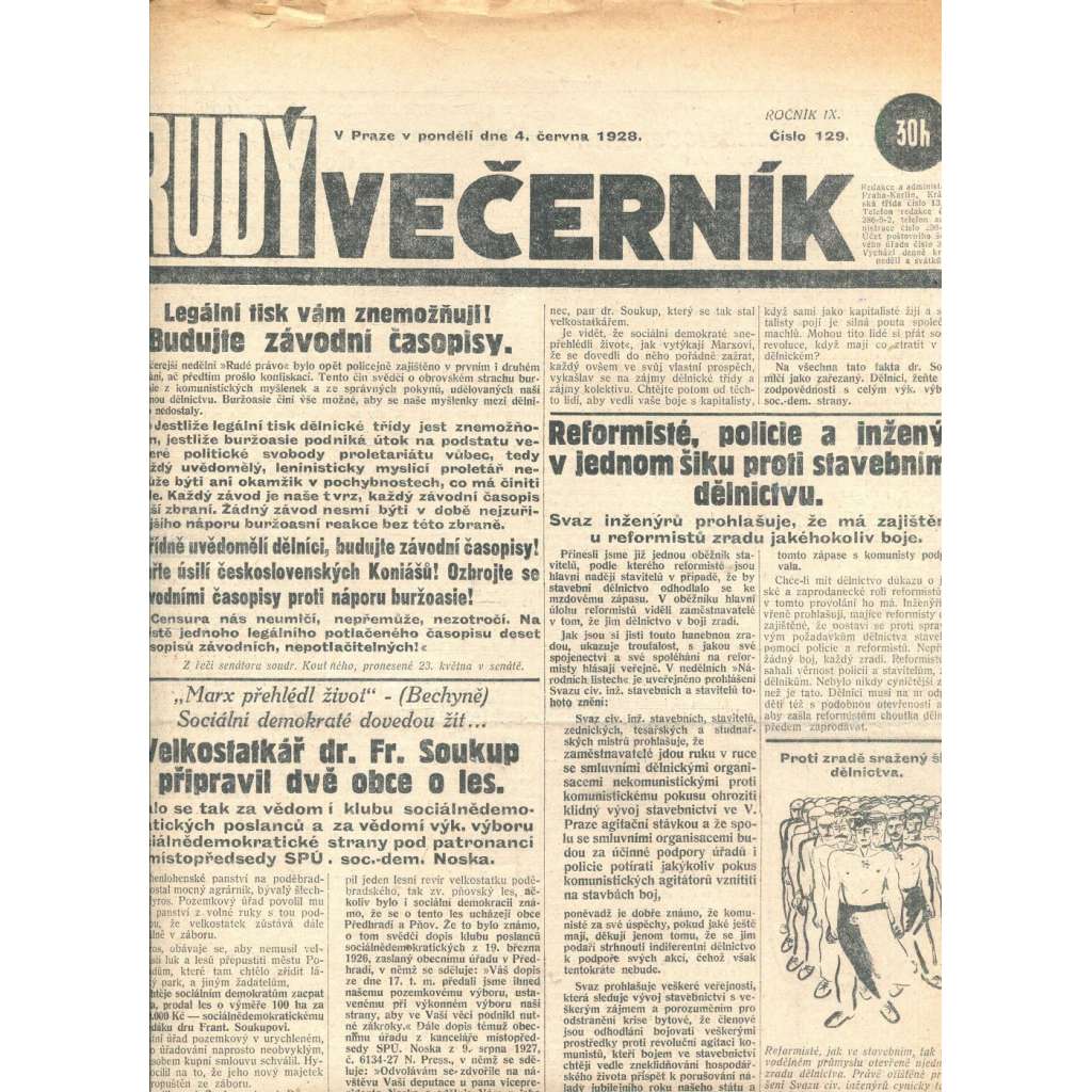 Rudý večerník (4.6.1928) - staré noviny, 1. republika