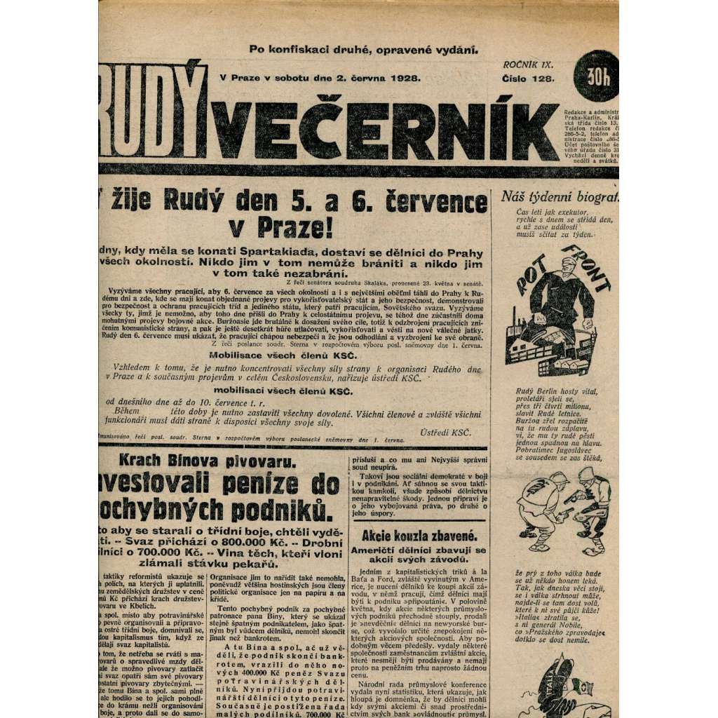Rudý večerník (2.6.1928) - staré noviny, 1. republika