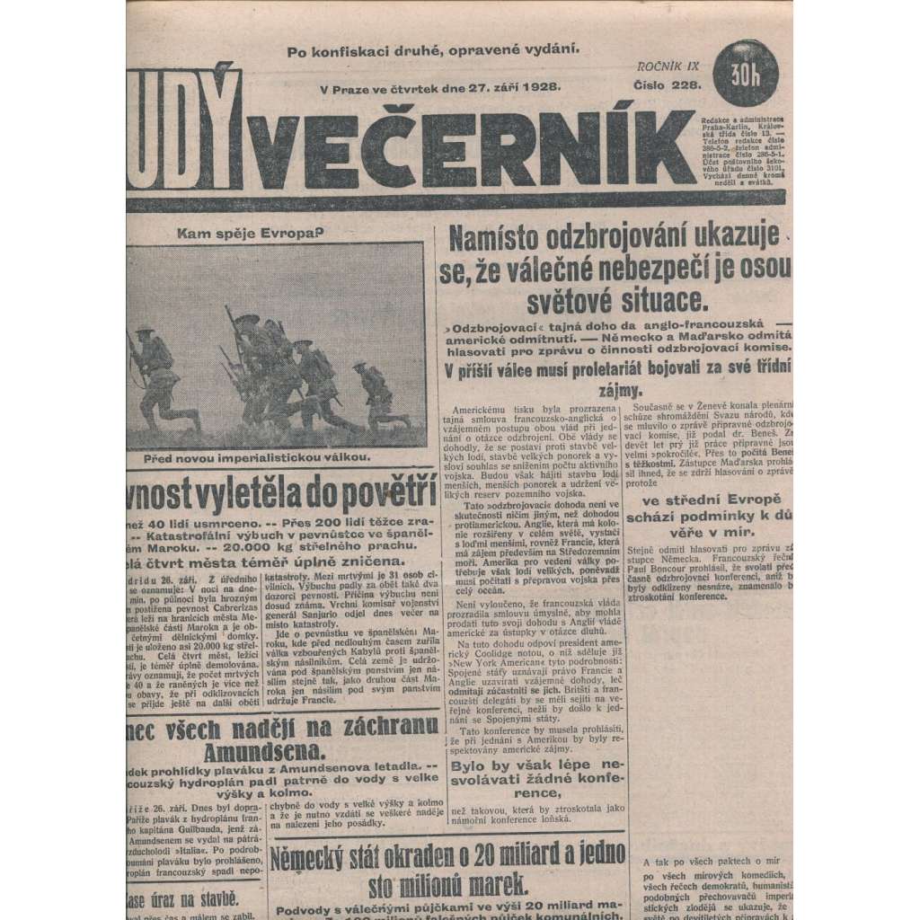 Rudý večerník (27.9.1928) - staré noviny, 1. republika