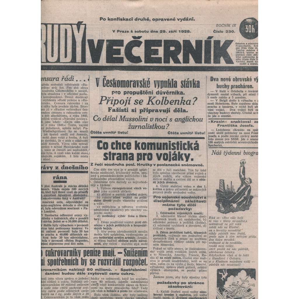 Rudý večerník (29.9.1928) - staré noviny, 1. republika