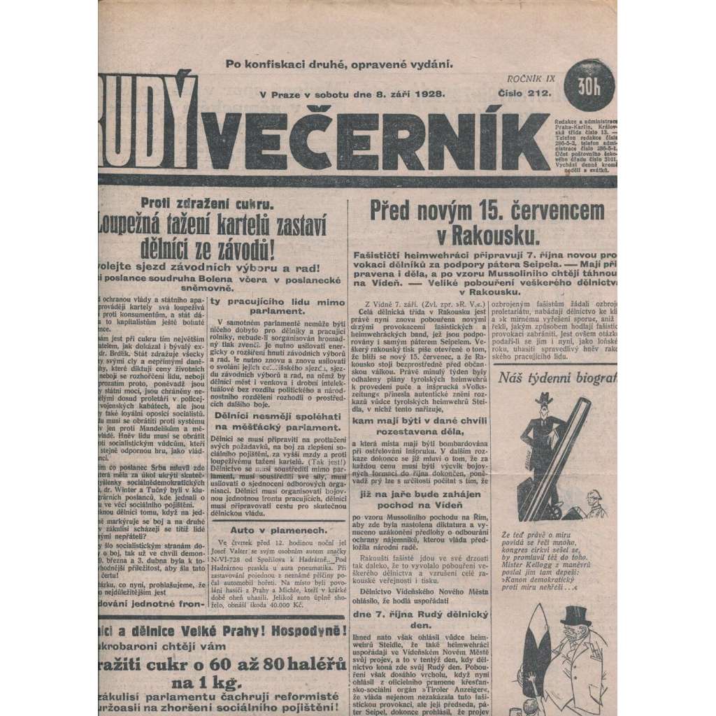 Rudý večerník (8.9.1928) - staré noviny, 1. republika