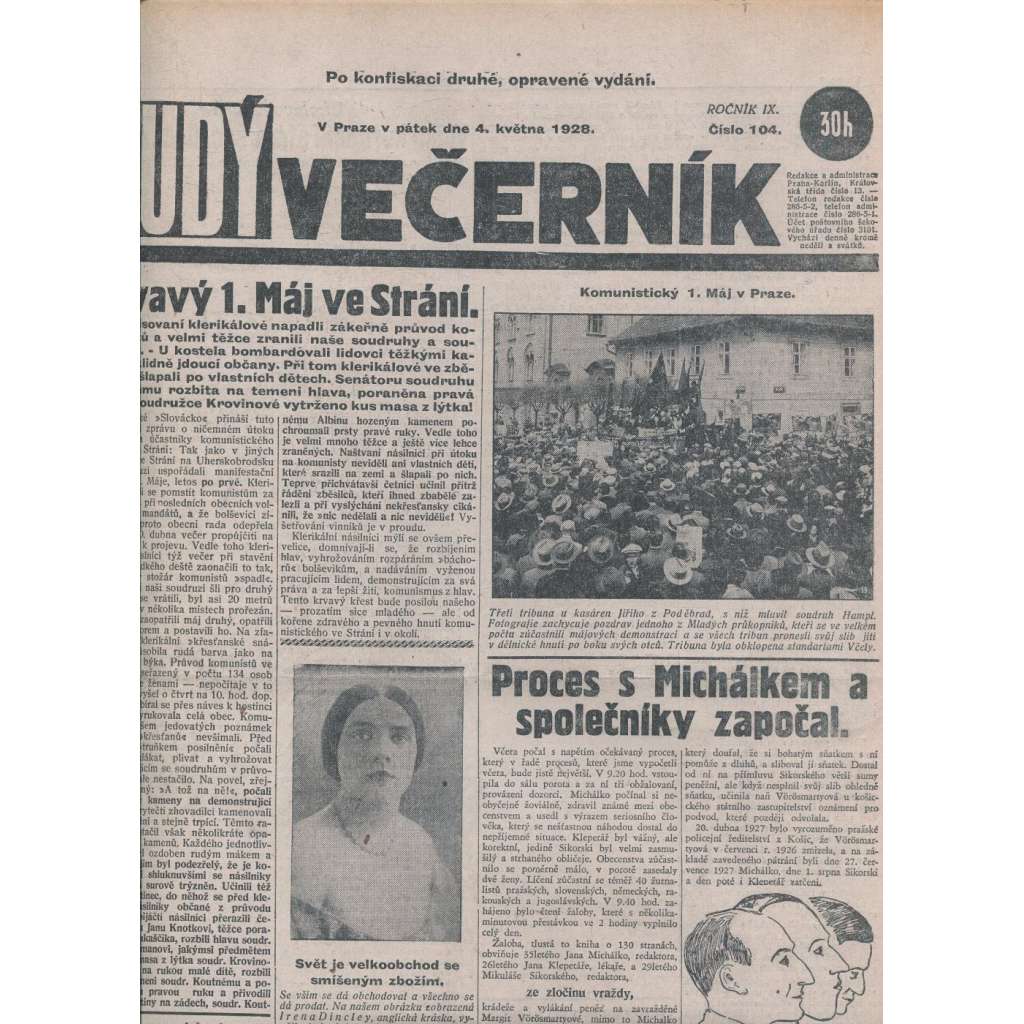 Rudý večerník (4.5.1928) - staré noviny, 1. republika