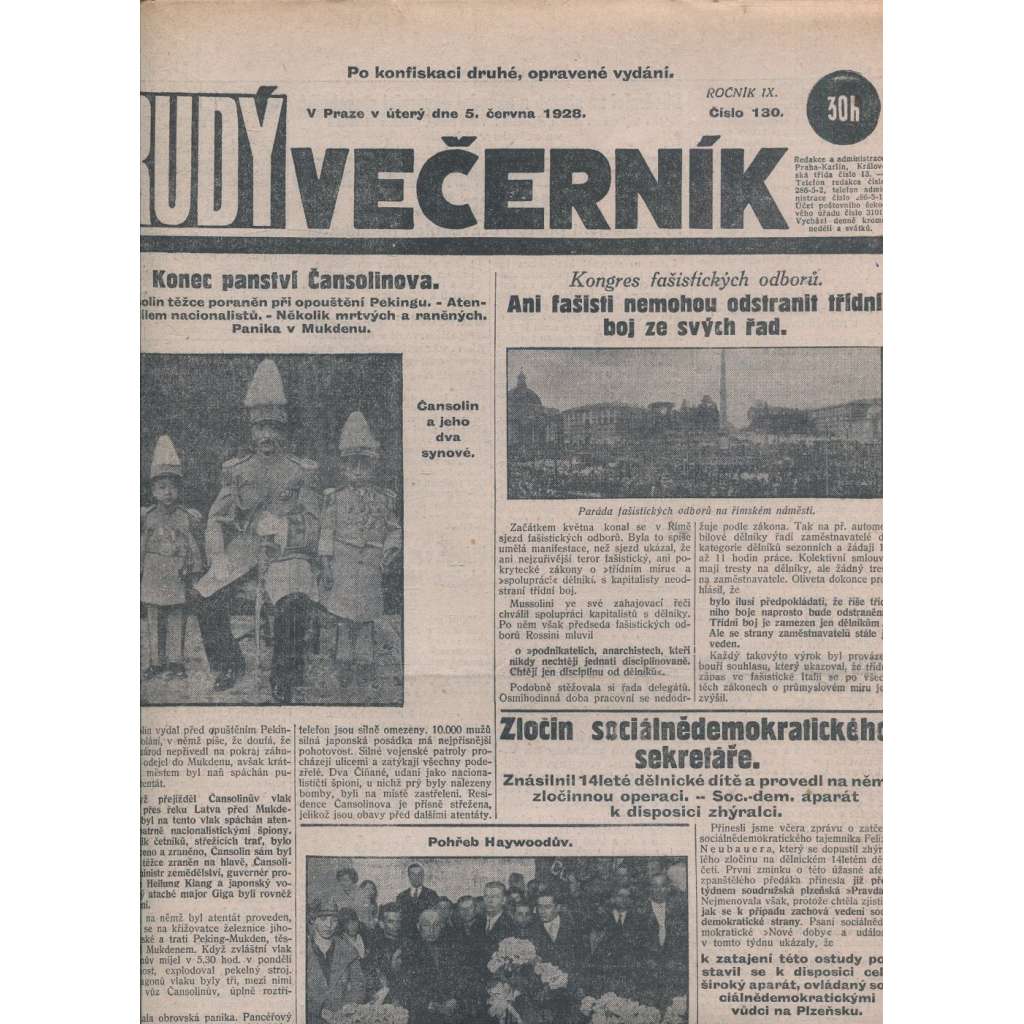 Rudý večerník (5.6.1928) - staré noviny, 1. republika