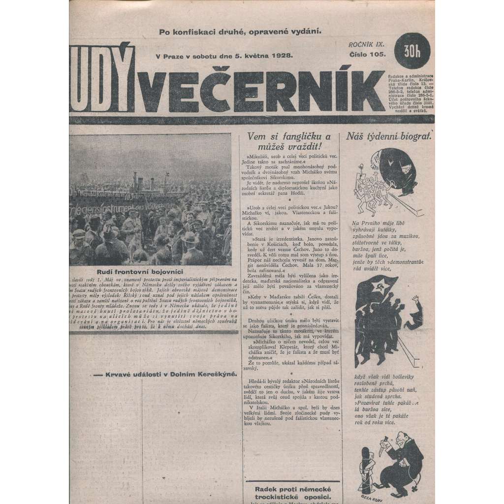 Rudý večerník (5.5.1928) - staré noviny, 1. republika