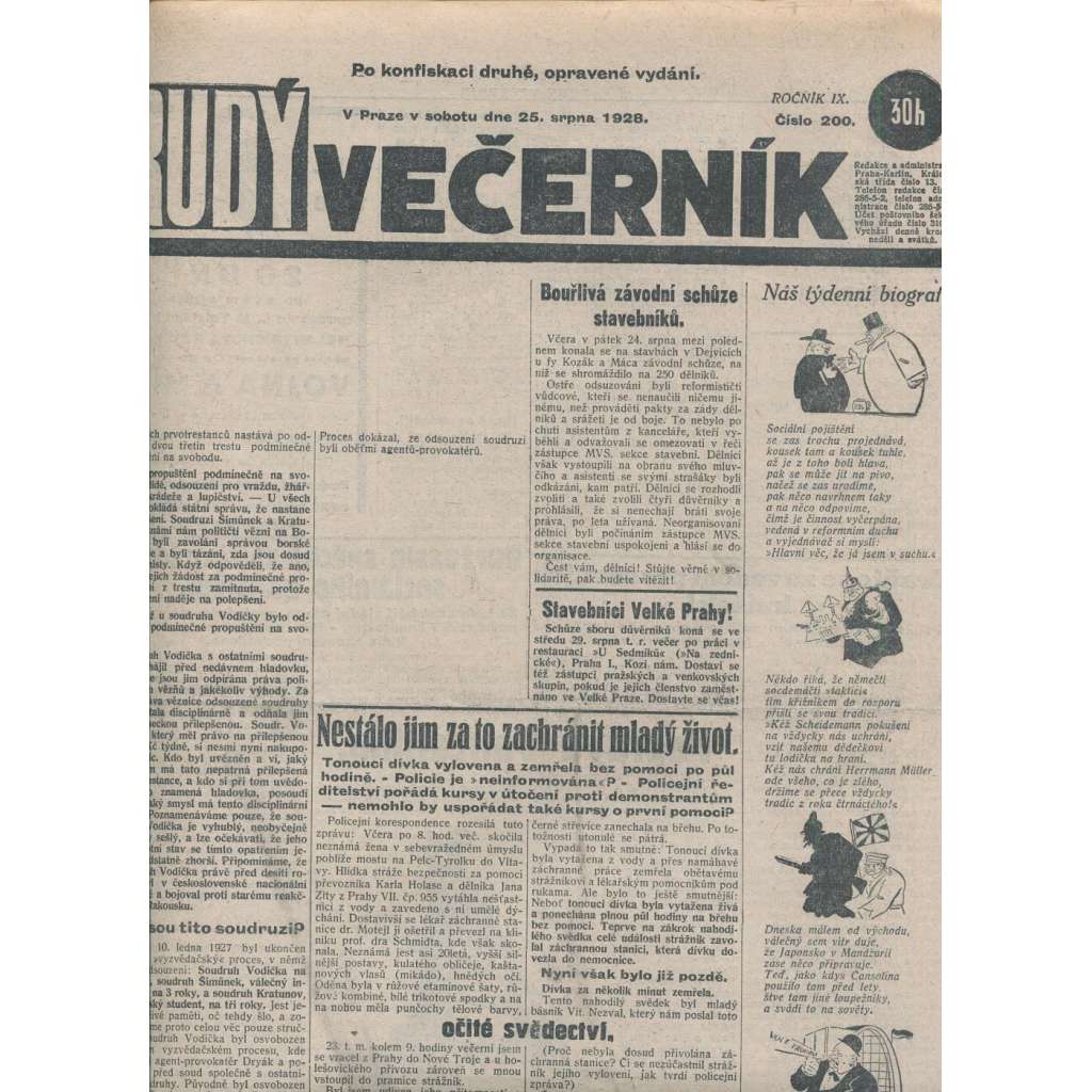 Rudý večerník (25.8.1928) - staré noviny, 1. republika