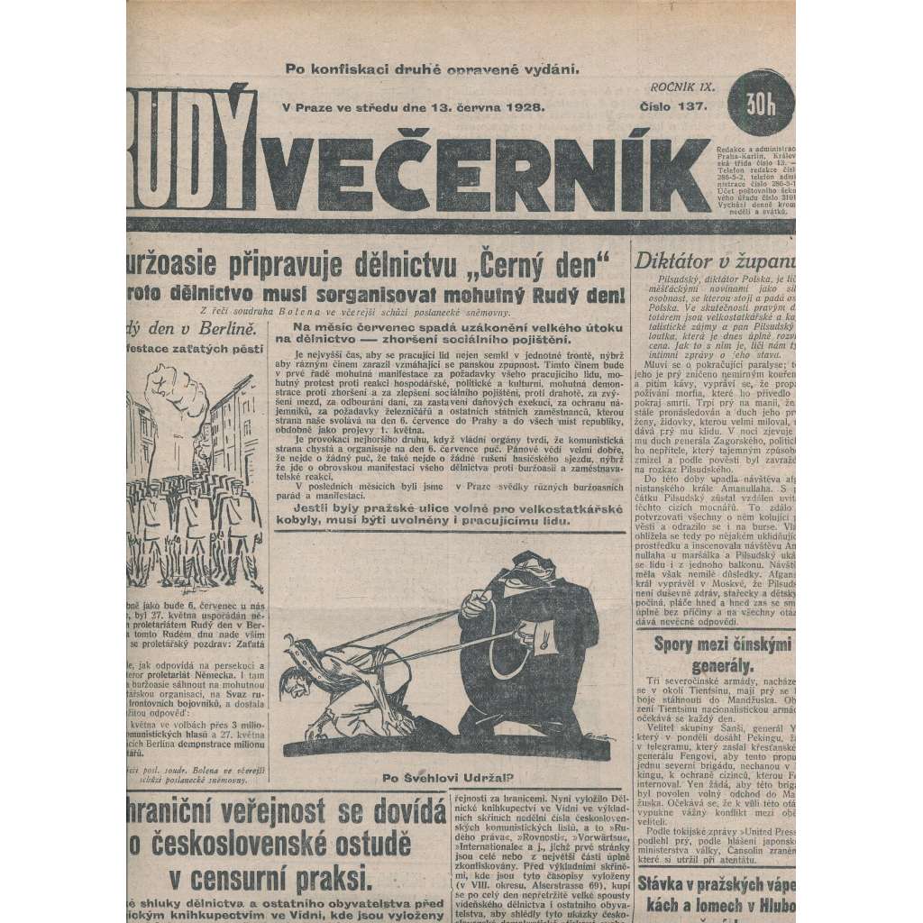 Rudý večerník (13.6.1928) - staré noviny, 1. republika