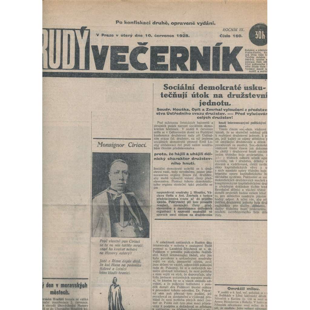 Rudý večerník (10.7.1928) - staré noviny, 1. republika