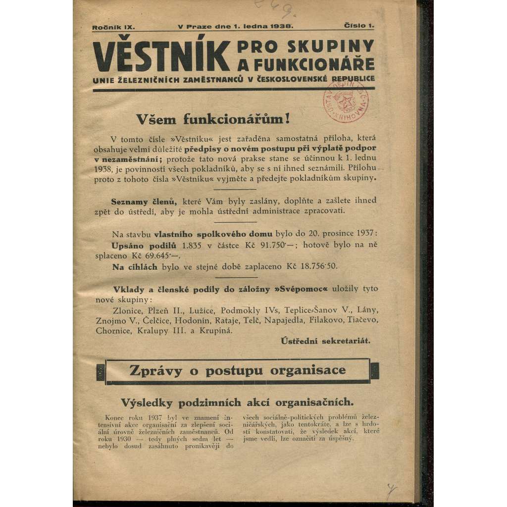 Věstník pro skupiny a funkcionáře Unie železničních zaměstnanců v Československé republice, ročník IX., číslo 1-12/1938 (železnice)