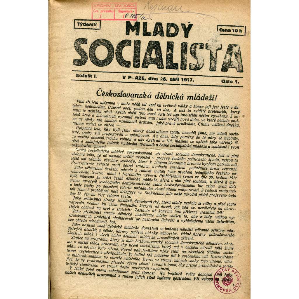 Mladý socialista, ročník I./1917-1918. List československé sociálně demokratické mládeže (není kompletní)