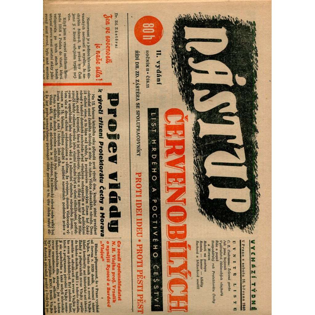 Nástup červenobílých - List hrdého češství, ročník II., č. 11/1940 [kolaborace, Protektorát]