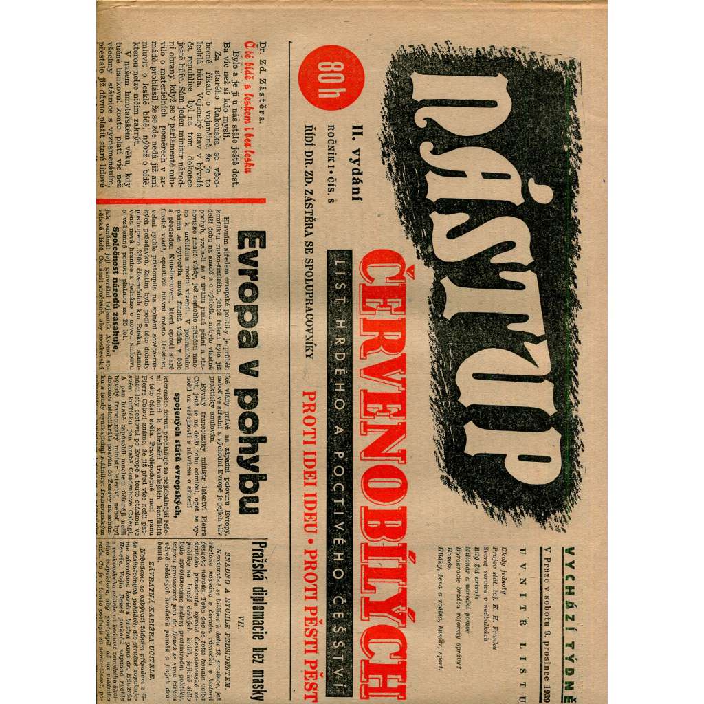 Nástup červenobílých - List hrdého češství, ročník I., č. 8/1939 [kolaborace, Protektorát]