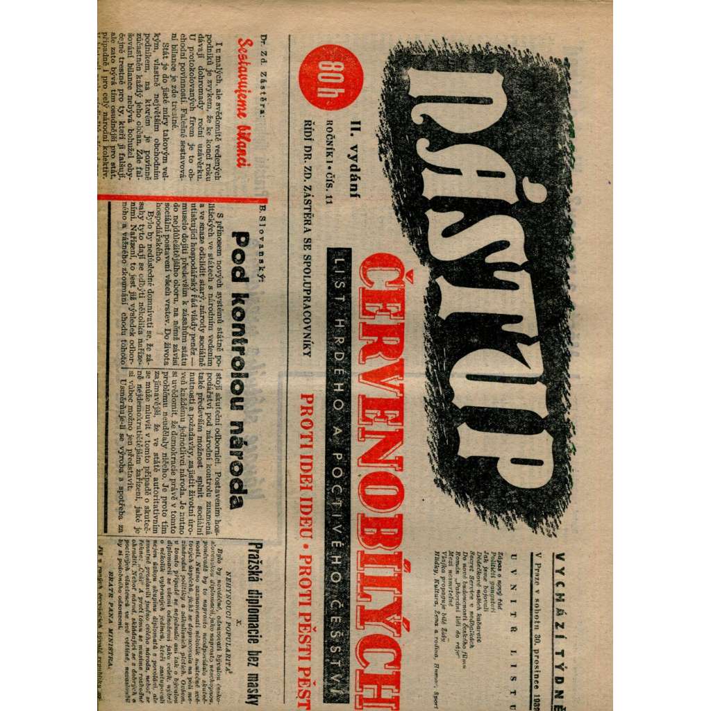 Nástup červenobílých - List hrdého češství, ročník I., č. 11/1939 [kolaborace, Protektorát]