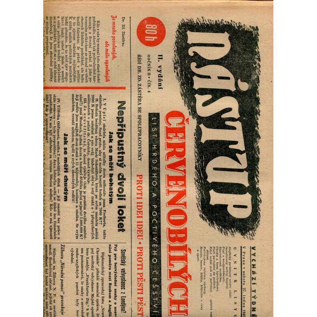 Nástup červenobílých - List hrdého češství, ročník II., č. 4/1940 [kolaborace, Protektorát] - noviny