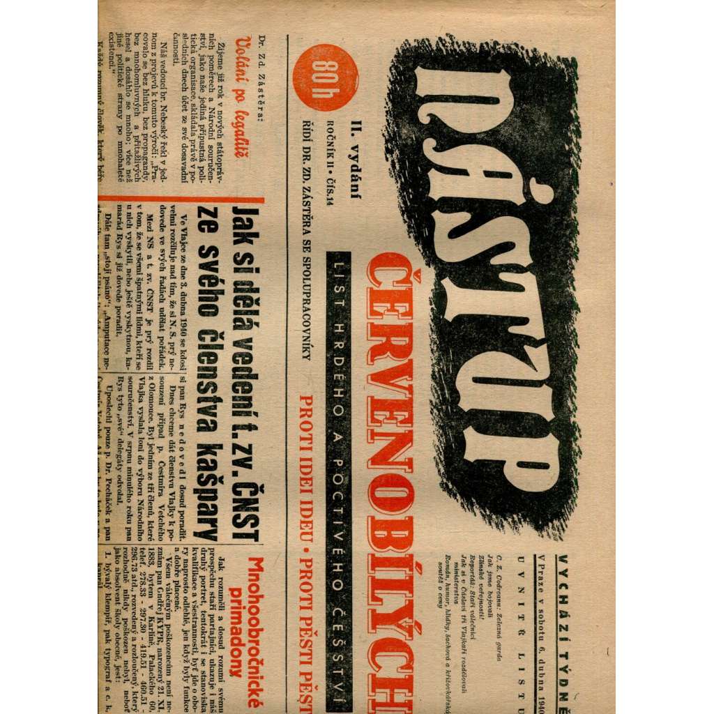 Nástup červenobílých - List hrdého češství, ročník II., č. 14/1940 [kolaborace, Protektorát] - noviny
