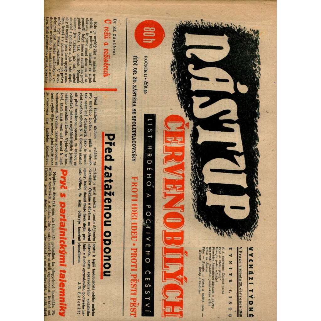 Nástup červenobílých - List hrdého češství, ročník II., č. 29/1940 [kolaborace, Protektorát] - noviny