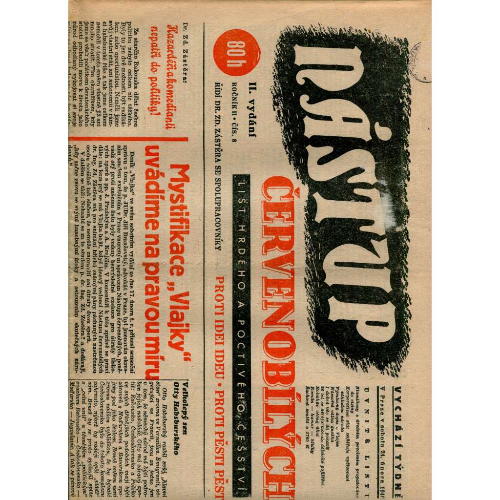 Nástup červenobílých - List hrdého češství, ročník II., č. 8/1940 [kolaborace, Protektorát] - noviny