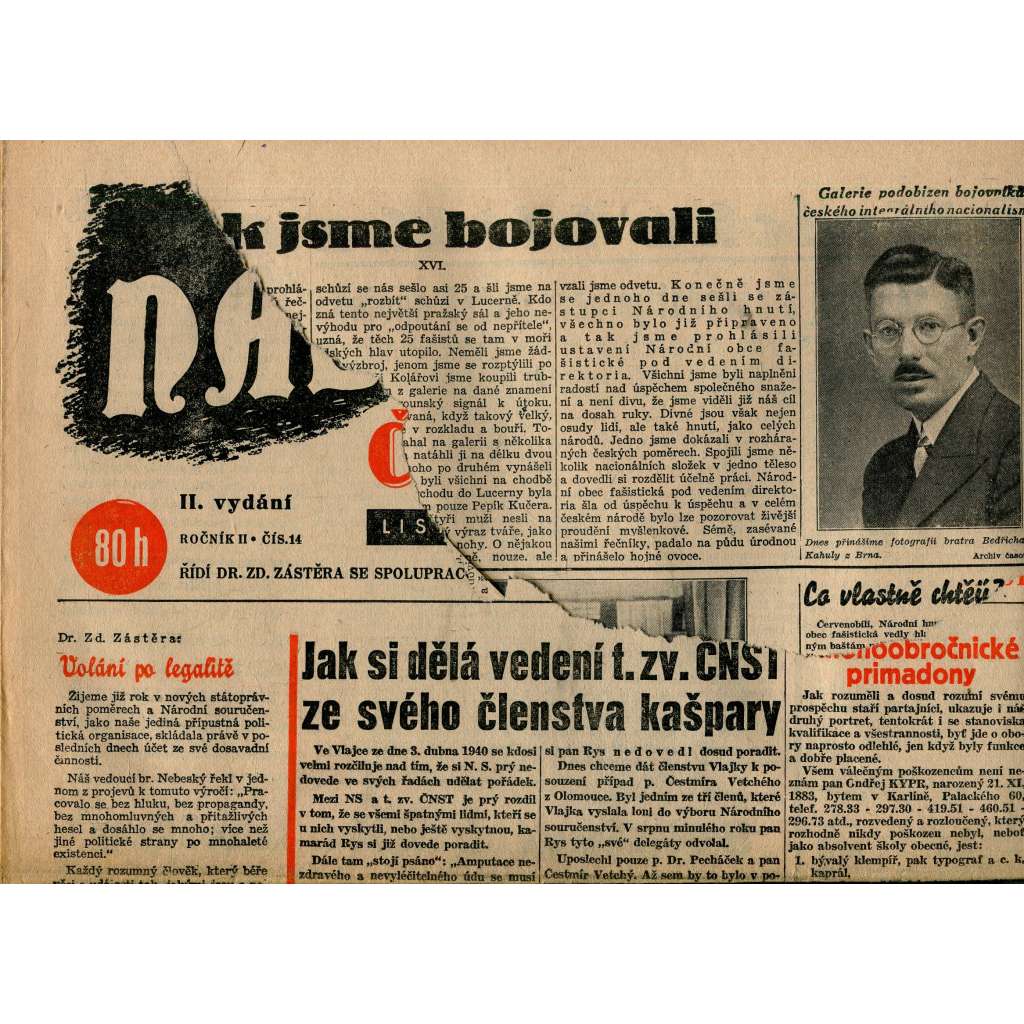 Nástup červenobílých - List hrdého češství, ročník II., č. 14/1940 [kolaborace, Protektorát] - noviny (pošk.)