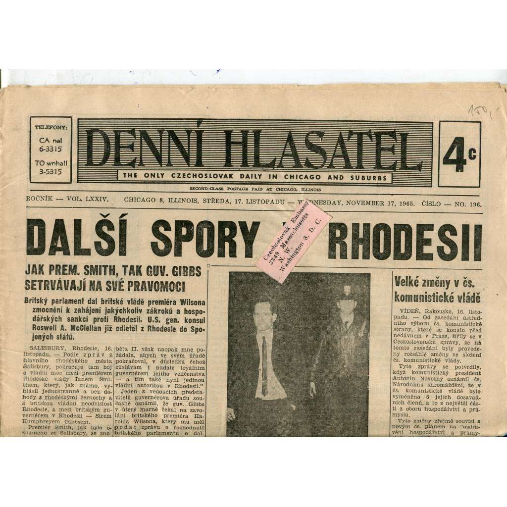 Denní hlasatel, ročník LXXIV, číslo 196/1965 (noviny, exil, Chicago)