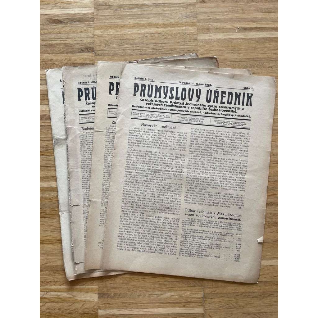 Průmyslový úředník, ročník I., čísla 1. 2, 3, 5 a 9/1923 (1. republika, noviny, odbory) Časopis odboru Průmysl Jednotného svazu soukromých a veřejných zaměstnanců v republice Československé
